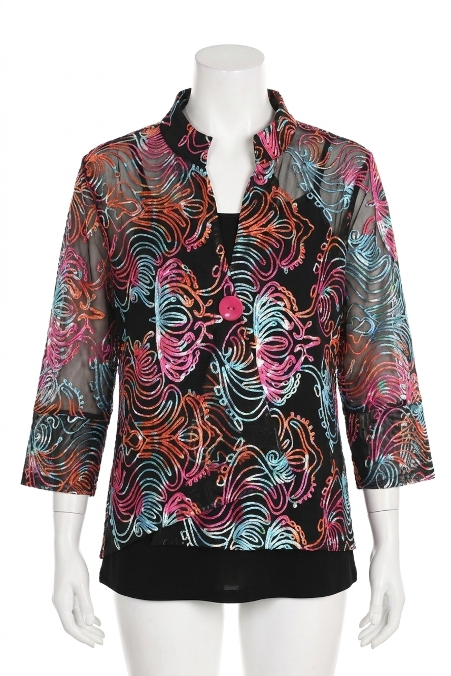 NEW FRANK LYMAN abstract lightweight mesh jacket in black/multi